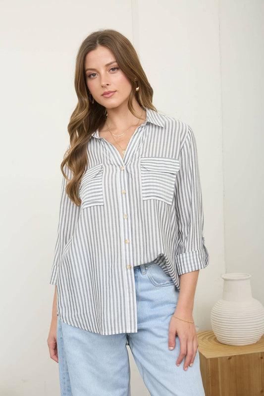 BLUE & WHITE STRIPE BUTTON DOWN LIGHTWEIGHT SHIRT