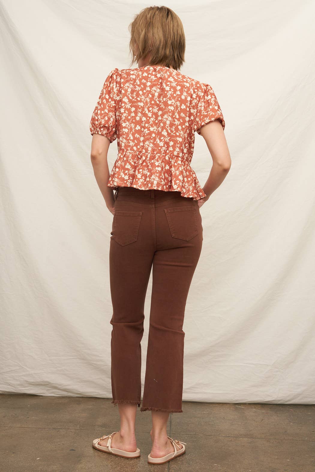 Floral Print Puff Sleeve Peplum Ribbon Top