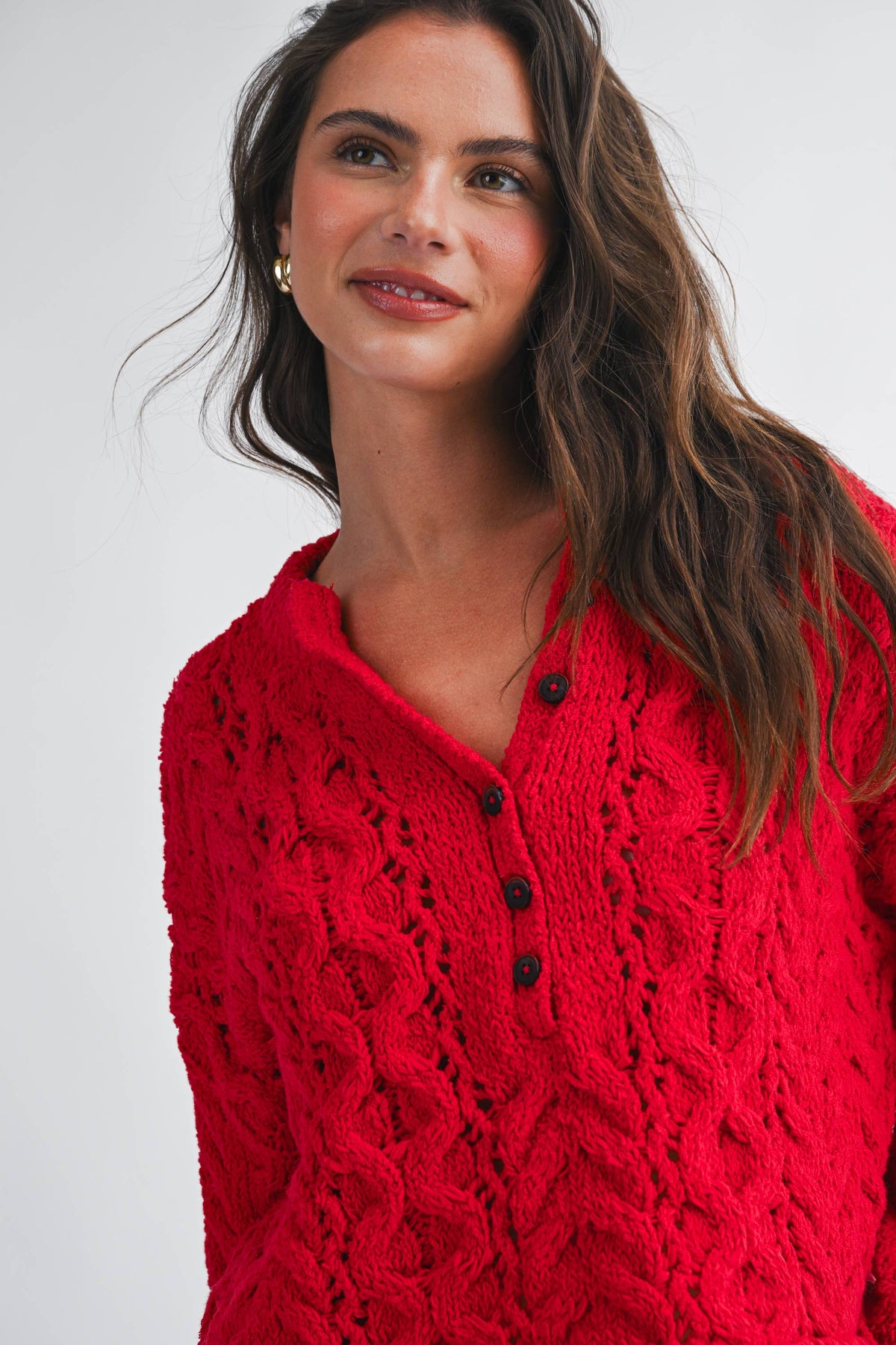 Textured Cropped Henley Knit Sweater