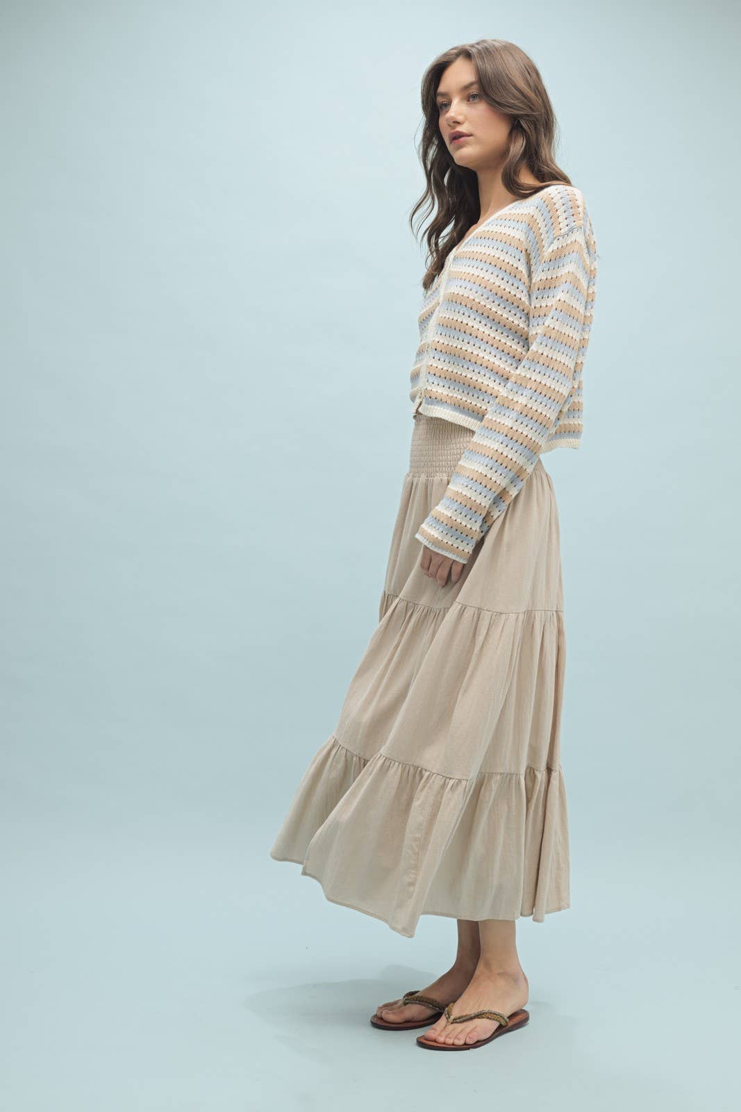 STRIPED CROCHET BUTTON-UP SWEATER TOP