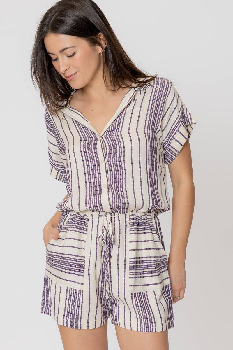 Striped Short Sleeve Romper: CREAM PURPLE