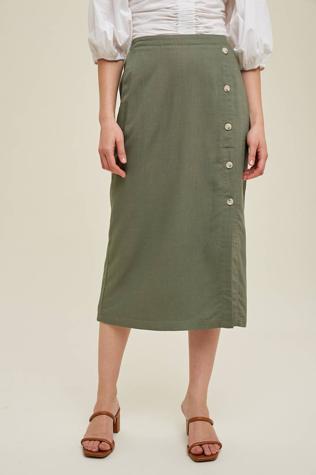LINEN LOOK MIDI SKIRT WITH SIDE BUTTON DETAIL
