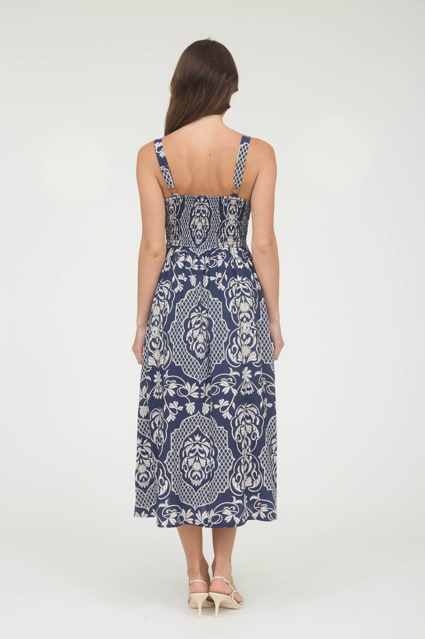 FLORAL DAMASK BOW DETAIL SLEEVELESS MIDI DRESS