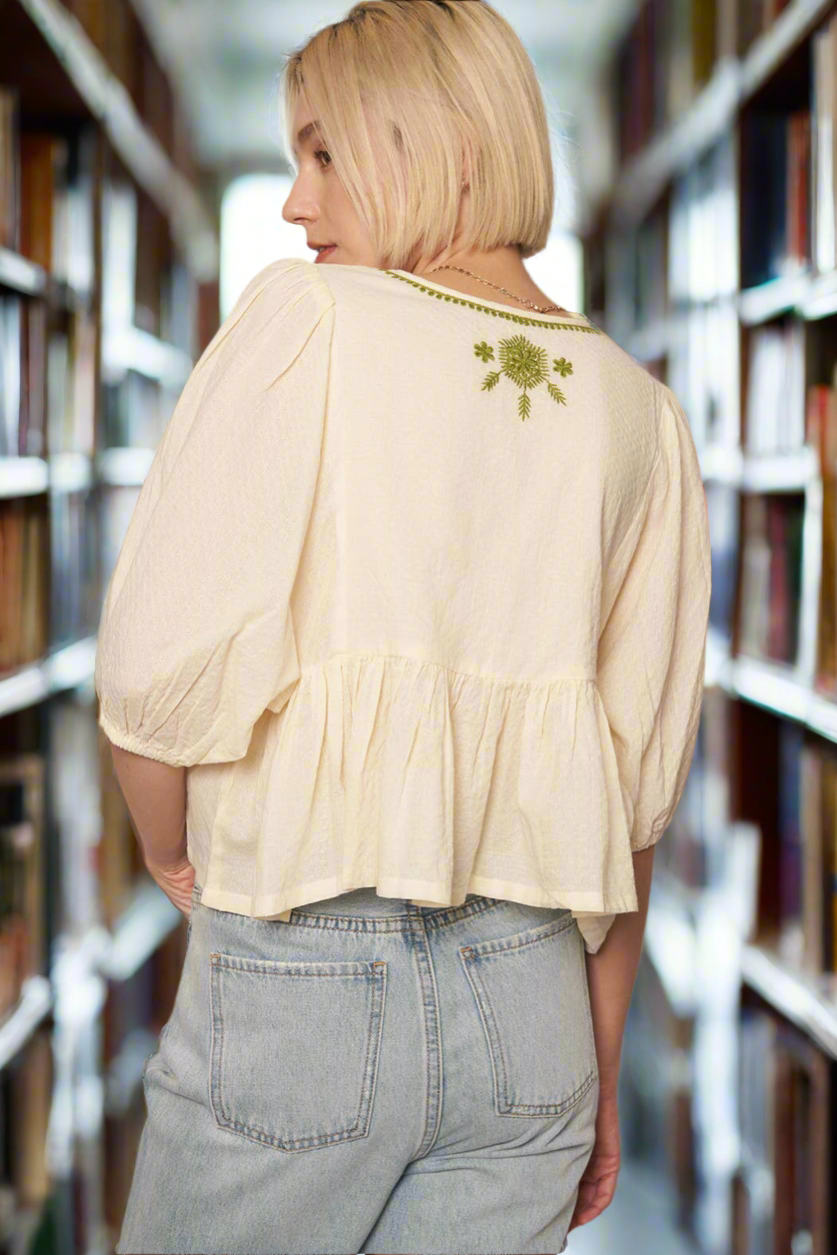 Puff Sleeve Peplum Top with Embroidery Detail: Cream Olive