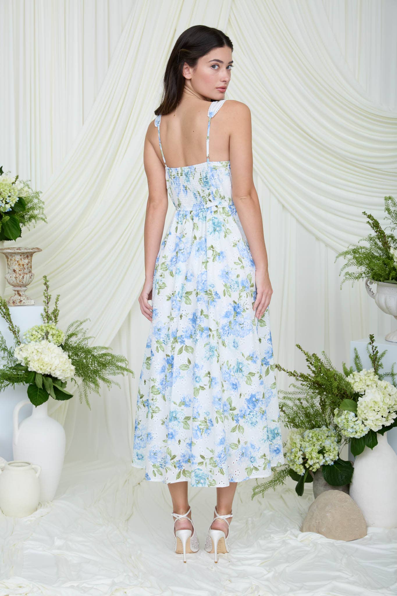 FLORAL EYELET PATTERN SCALLOP LACE TRIM MIDI DRESS