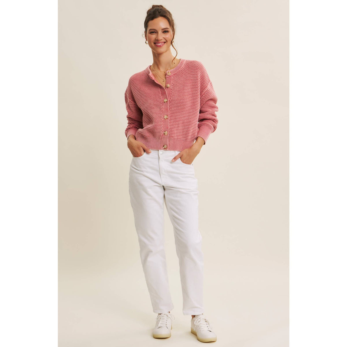 MINERAL-WASHED CABLE KNIT COTTON CARDIGAN