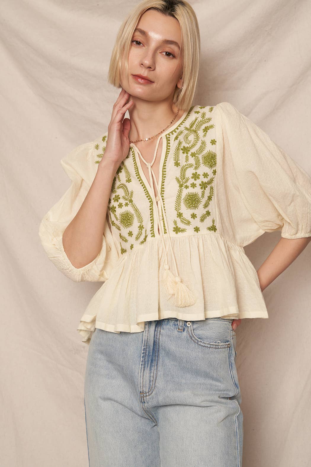 Puff Sleeve Peplum Top with Embroidery Detail: Cream Olive