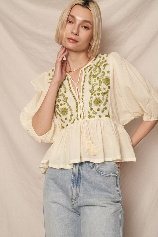 Puff Sleeve Peplum Top with Embroidery Detail: Cream Olive