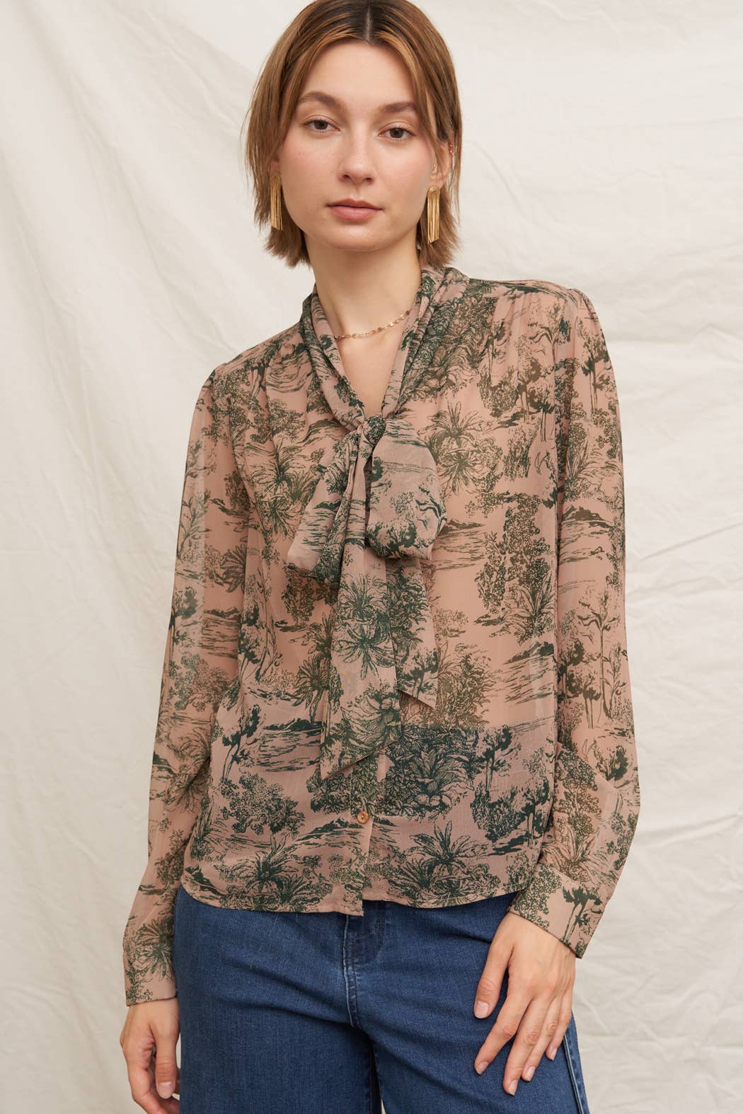 Printed Long Sleeve Tie-Neck Chiffon Blouse