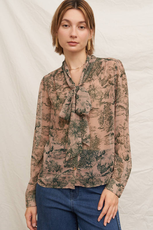 Printed Long Sleeve Tie-Neck Chiffon Blouse