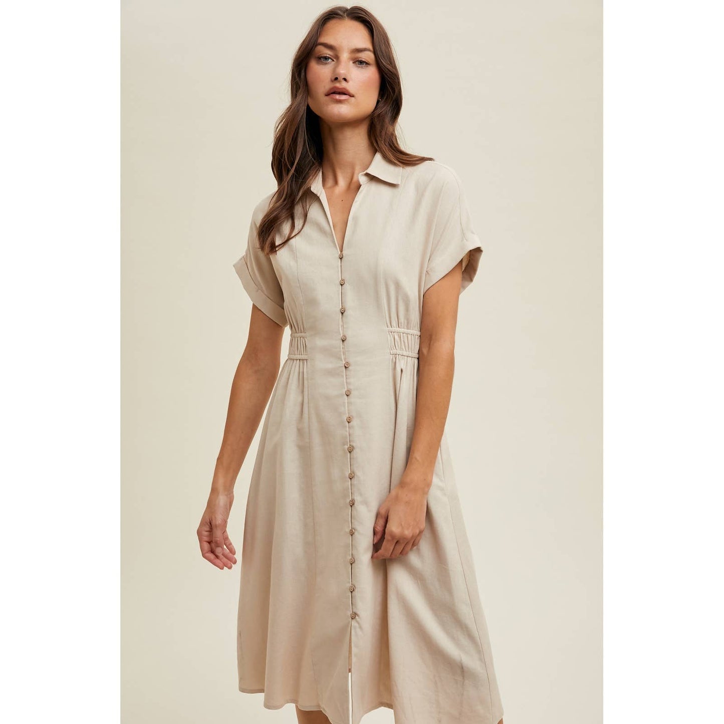 COLLARED BUTTON-UP MIDI DRESS