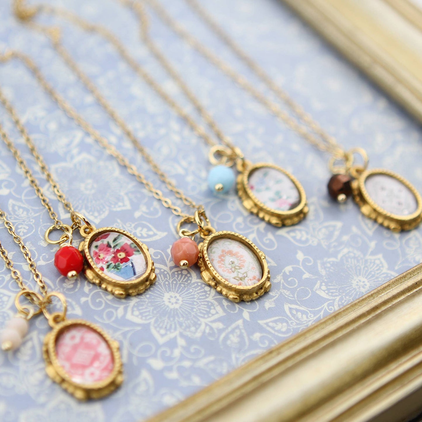 Vintage Wallpaper Aqua Red Floral Ornate Oval Gold Necklace