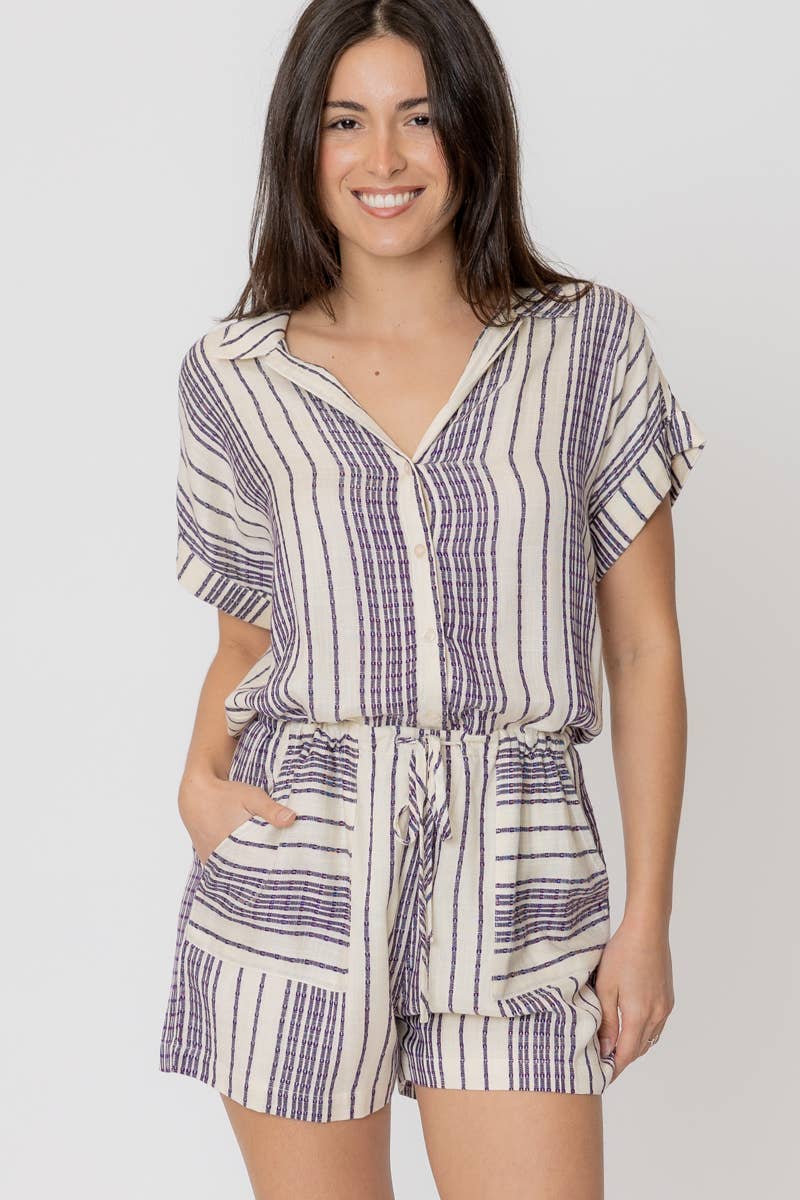 Striped Short Sleeve Romper: CREAM PURPLE