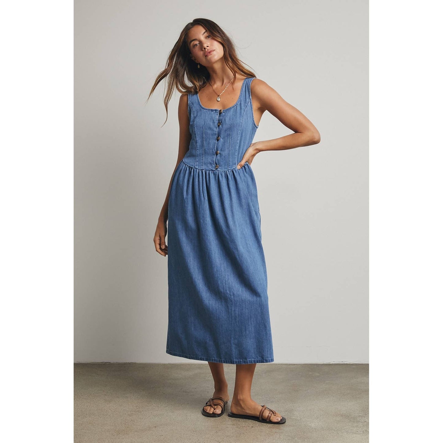 COTTON DENIM BUTTON-UP MIDI DRESS