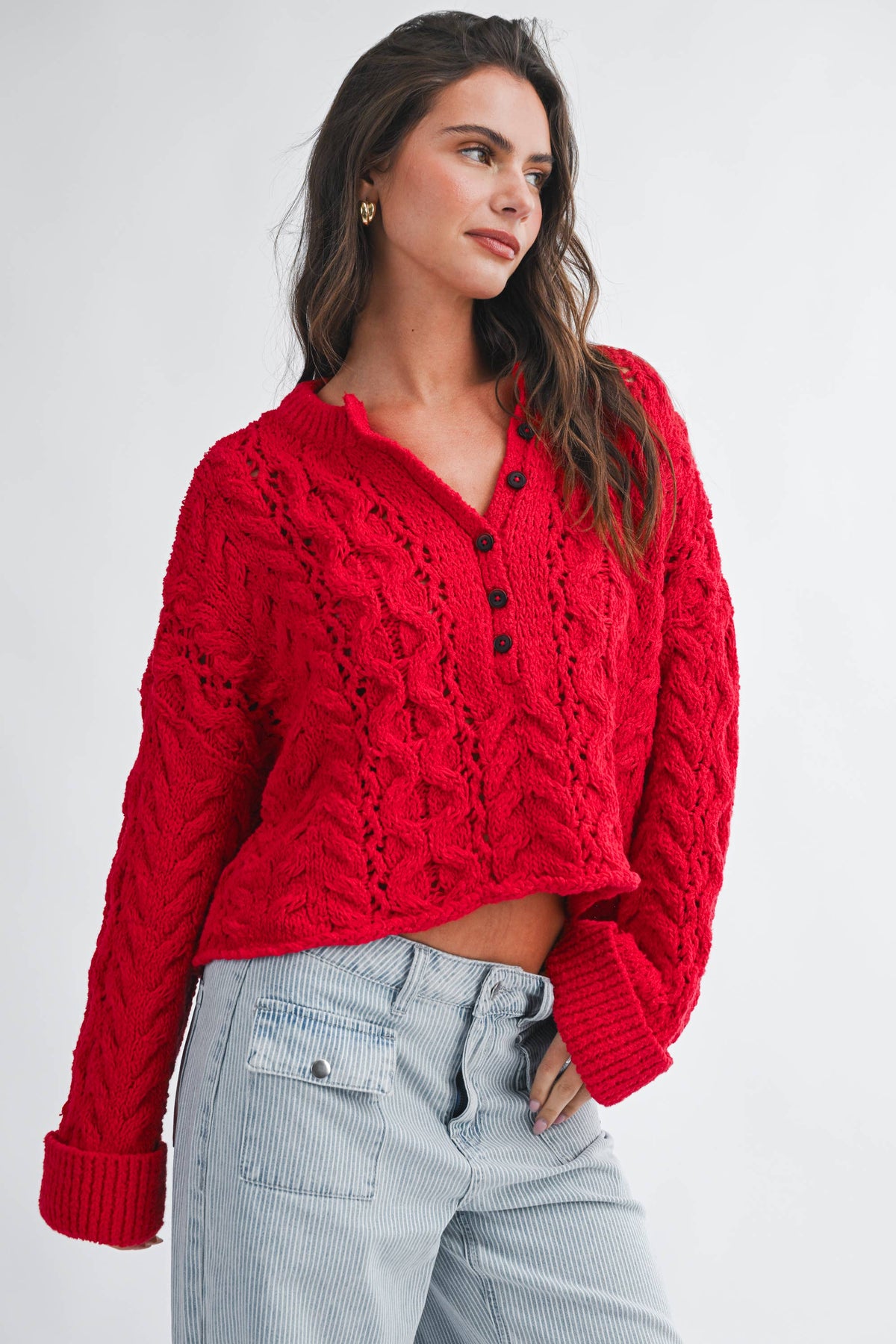 Textured Cropped Henley Knit Sweater