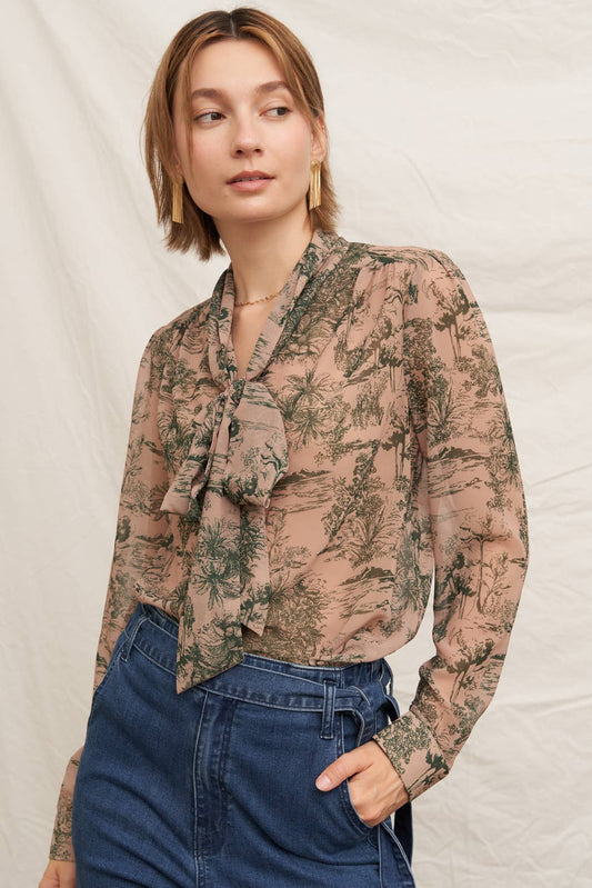 Printed Long Sleeve Tie-Neck Chiffon Blouse