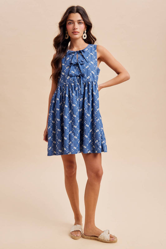 CHAMBRAY EMBROIDERED BOW MINI DRESS