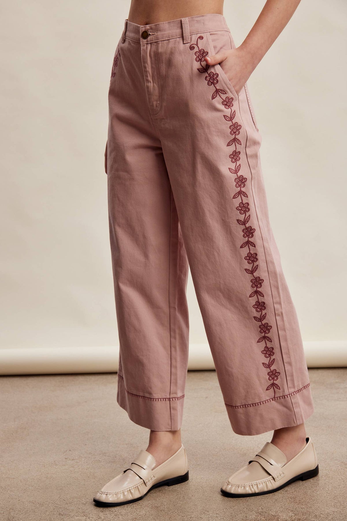 Floral Embroidered Cropped Wide-Leg Pants