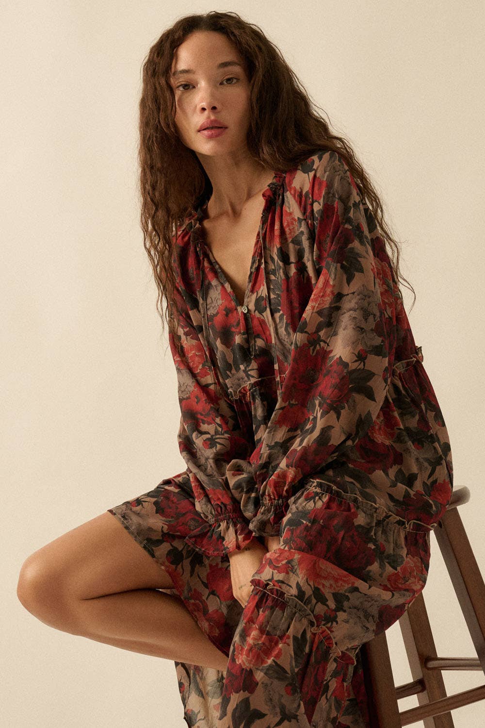 Floral-Print Tiered Ruffle Long-Sleeve Midi Dress FINAL SALE