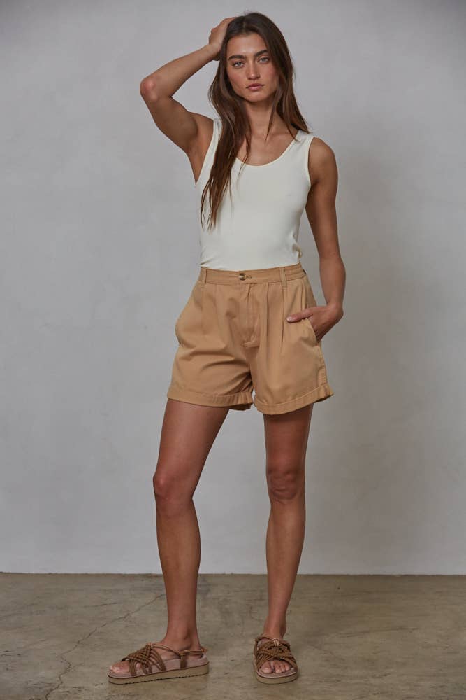 Cotton Pleated Front Relax Fit Wide Leg Shorts