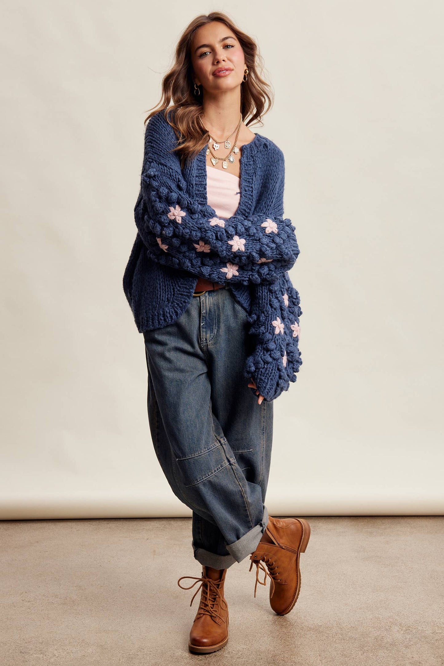 Hand Knit Floral Bobble Sleeve Cardigan