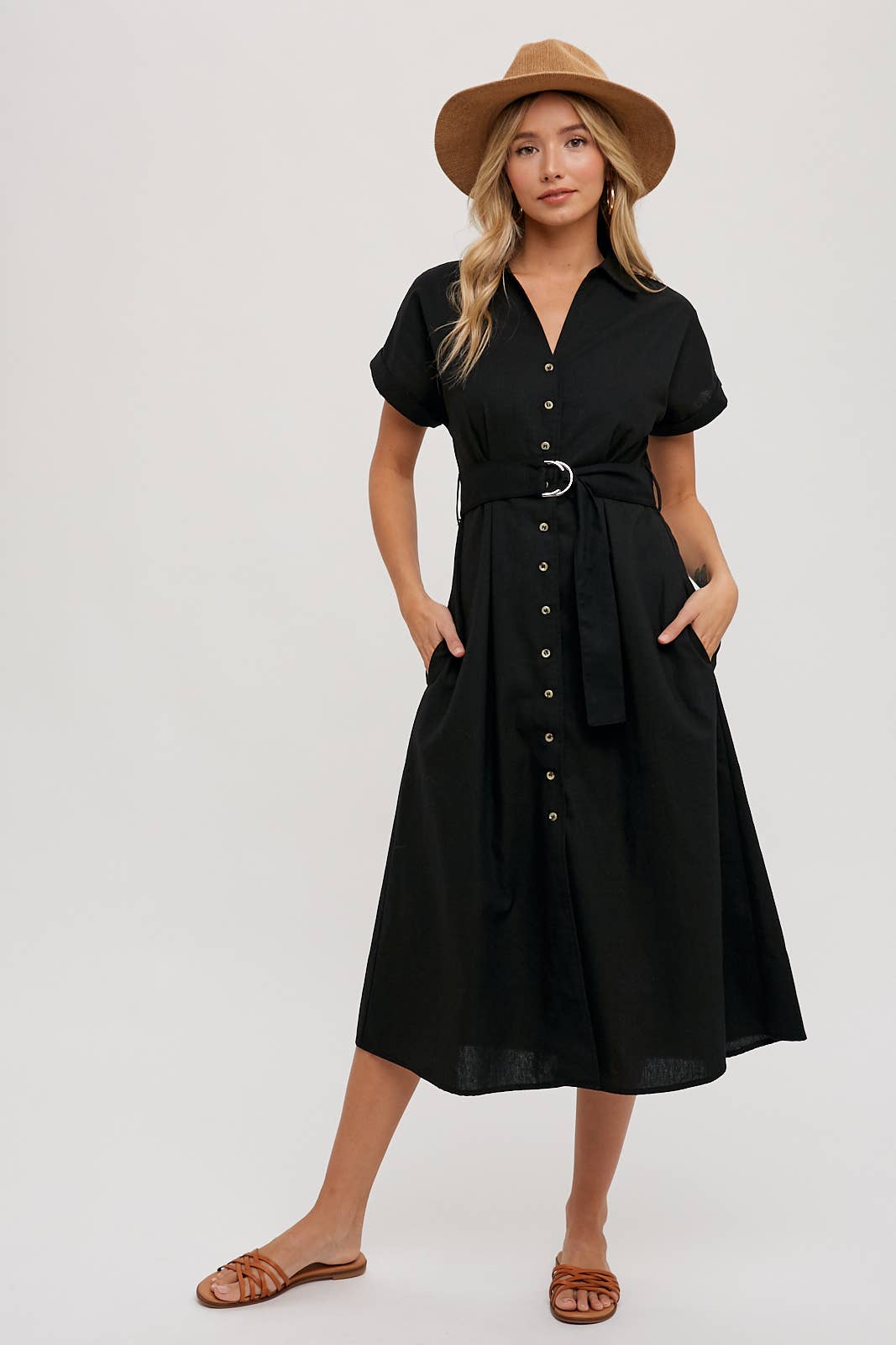 BUTTON DOWN BELTED MIDI DRESS