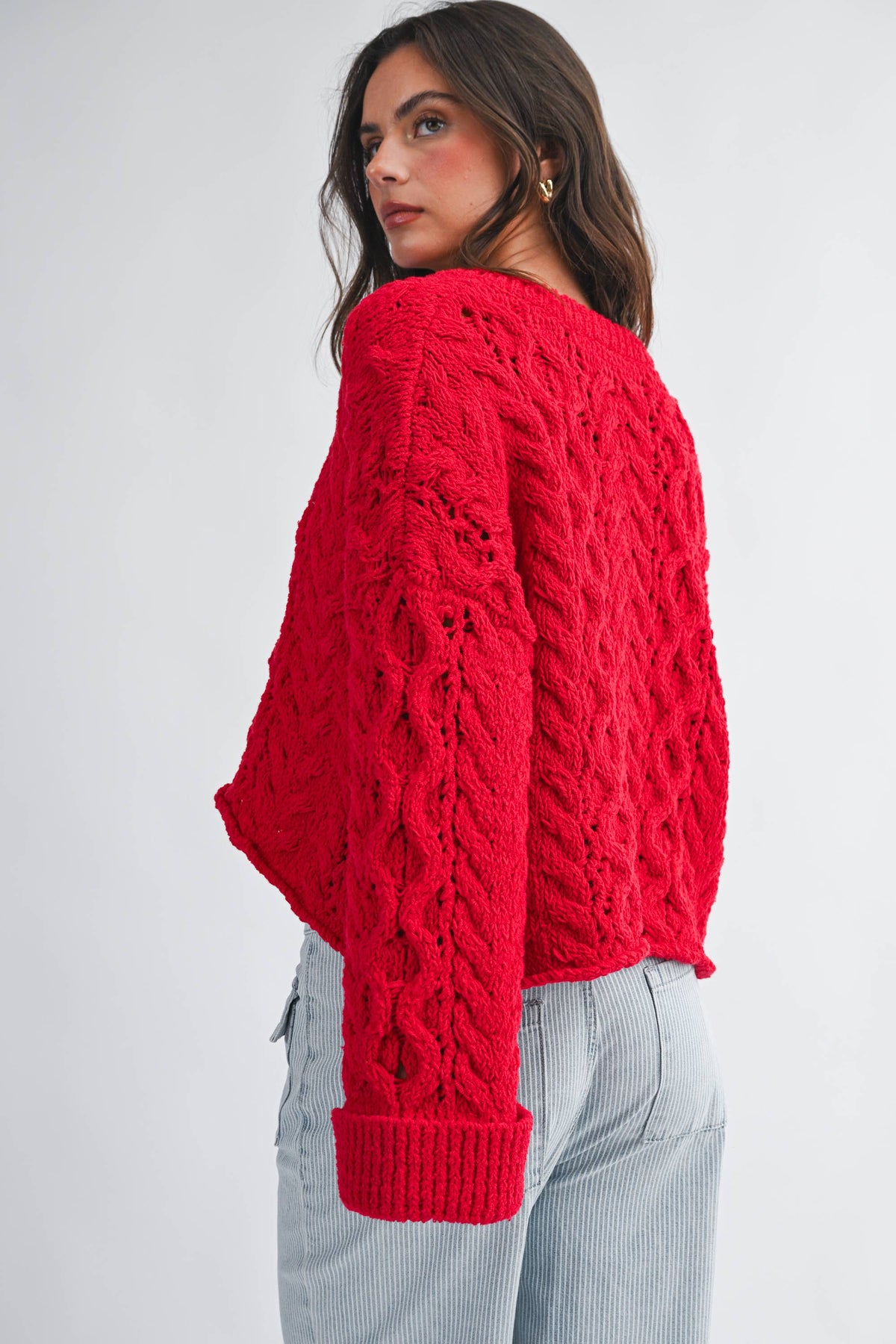 Textured Cropped Henley Knit Sweater