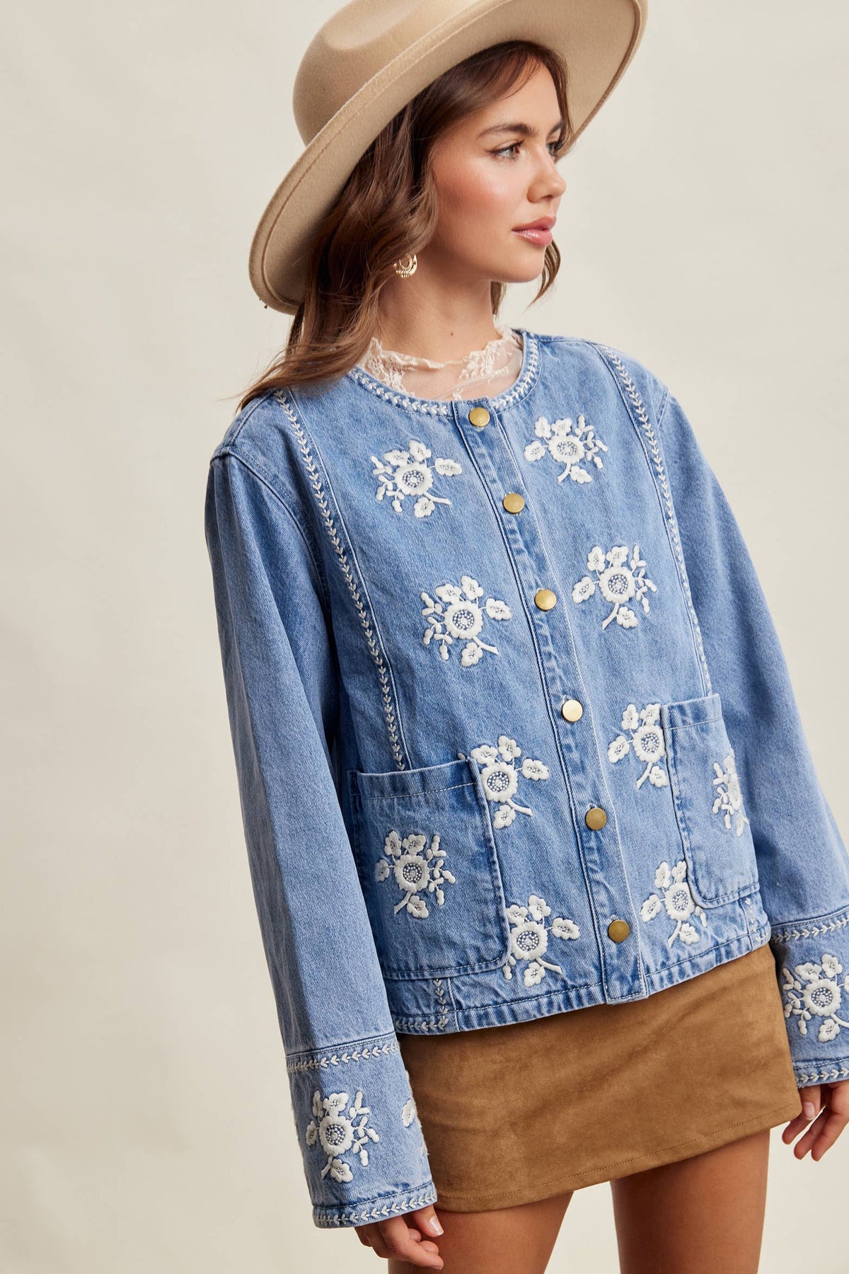 Embroidered Floral Lined Denim