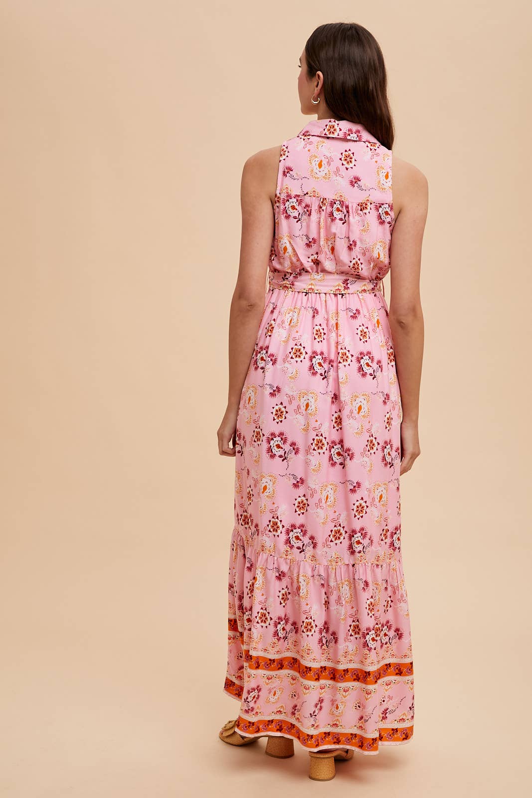 BORDER PRINT COLLARED BUTTON DOWN MAXI DRESS