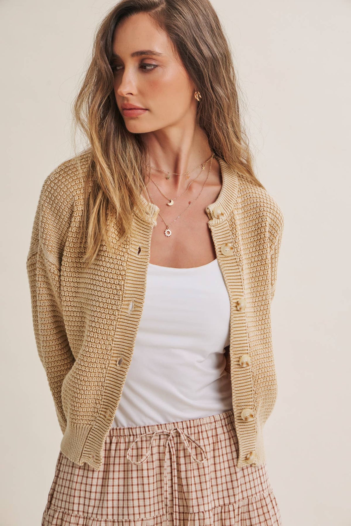MINERAL-WASHED CABLE KNIT COTTON CARDIGAN