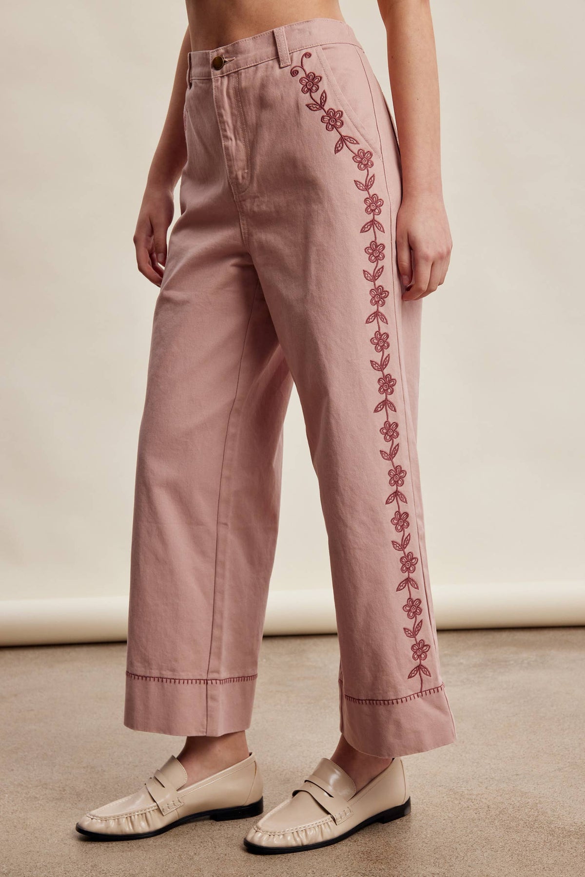 Floral Embroidered Cropped Wide-Leg Pants