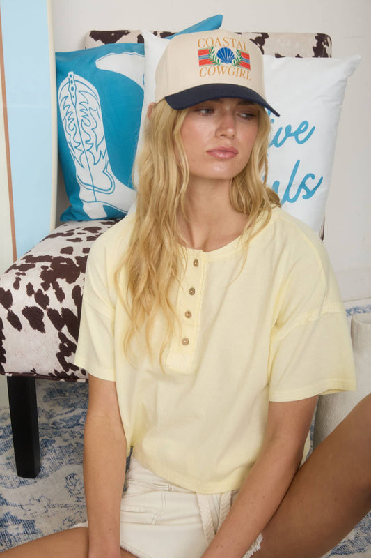 BUTTER YELLOW BOXY SHORT SLEEVE HENLEY CROP TOP