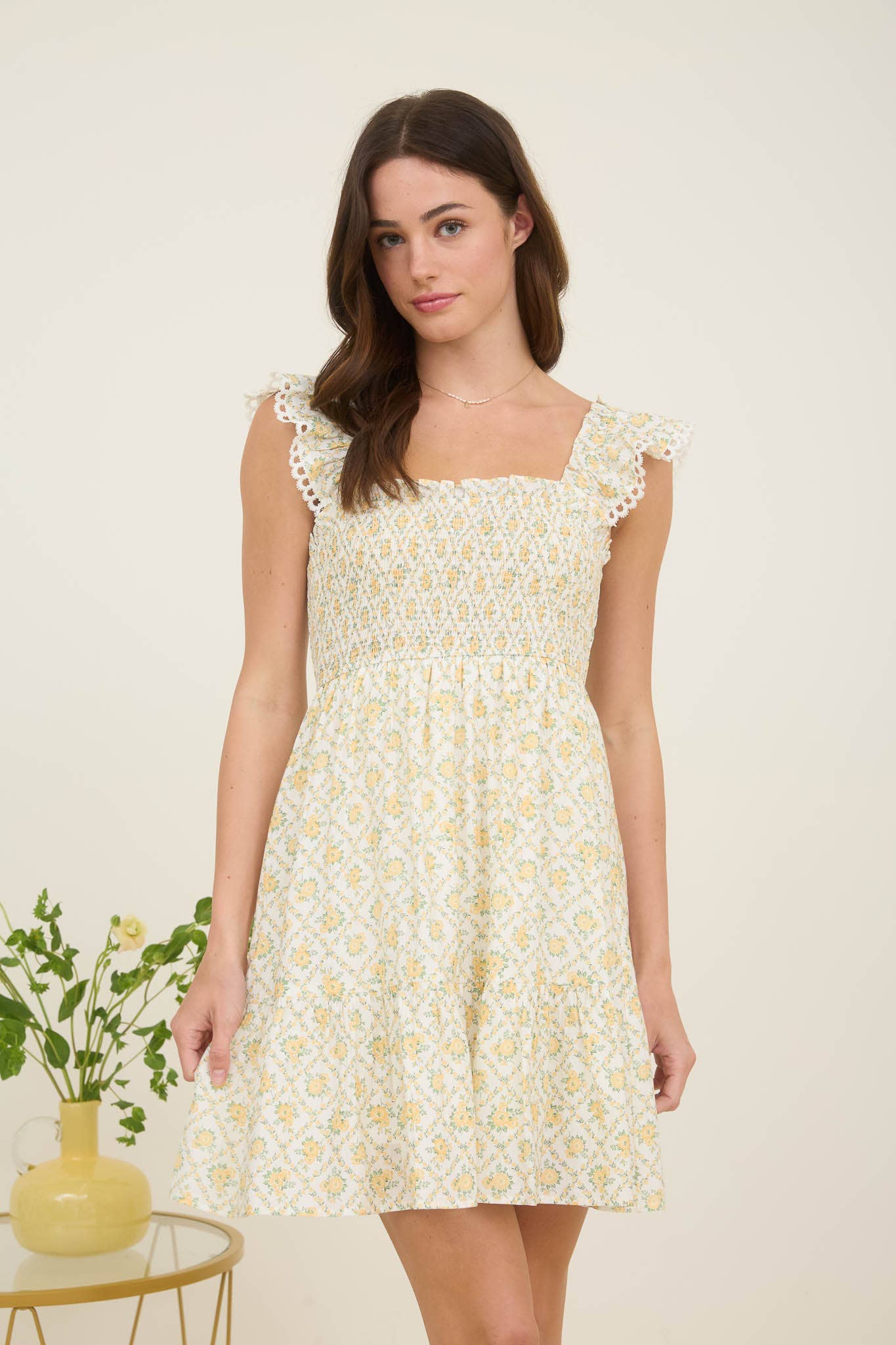 FLORAL TRELLIS PATTERN SMOCKED MINI DRESS