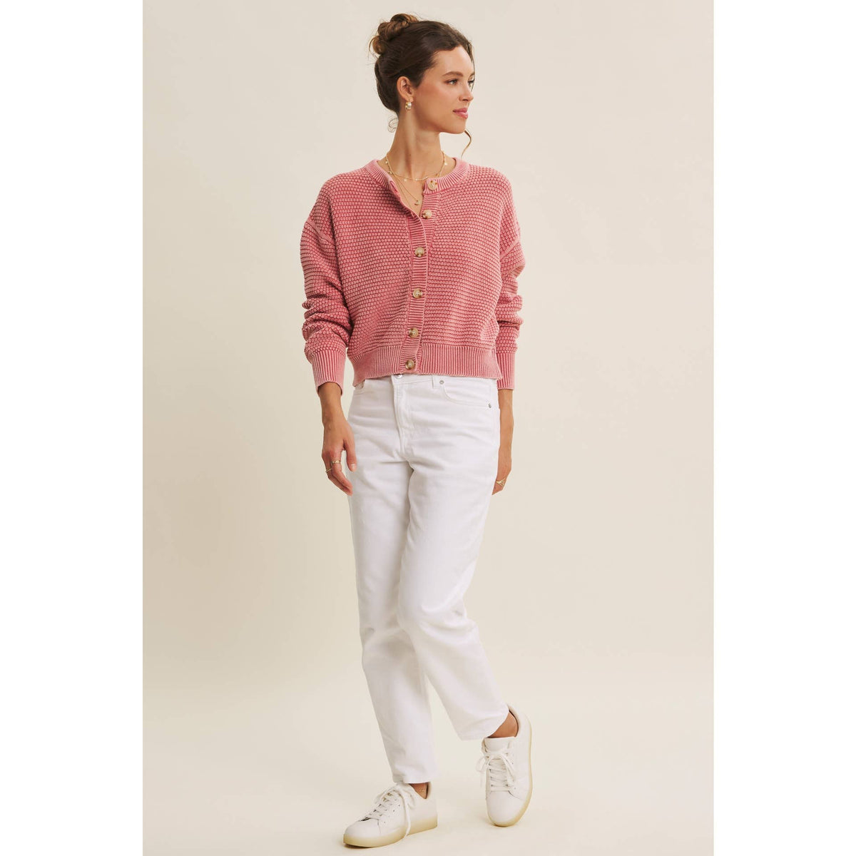 MINERAL-WASHED CABLE KNIT COTTON CARDIGAN