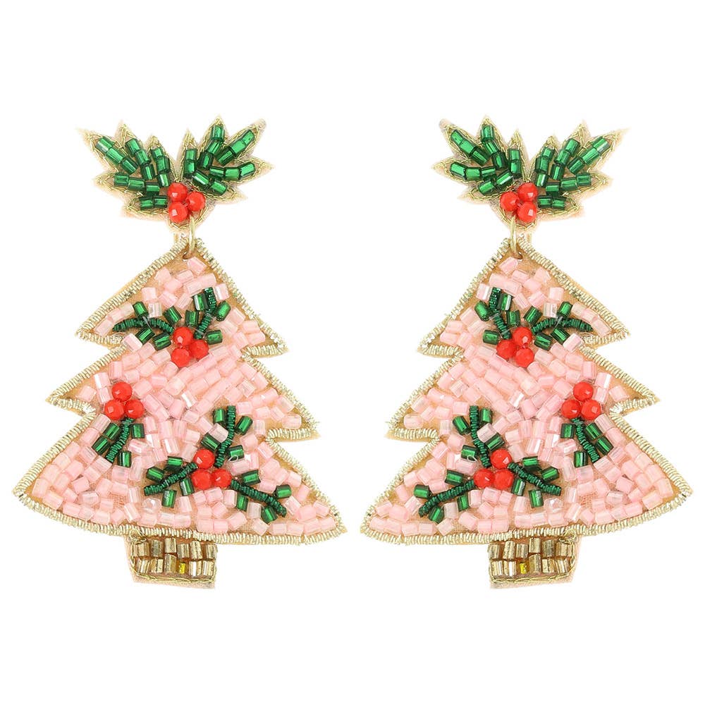 PINK SEED BEAD CHRISTMAS TREE DANGLE POST EARRINGS