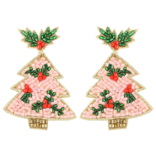 PINK SEED BEAD CHRISTMAS TREE DANGLE POST EARRINGS