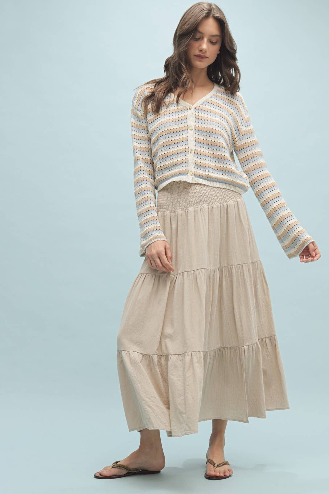 STRIPED CROCHET BUTTON-UP SWEATER TOP