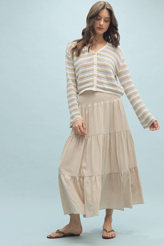 STRIPED CROCHET BUTTON-UP SWEATER TOP