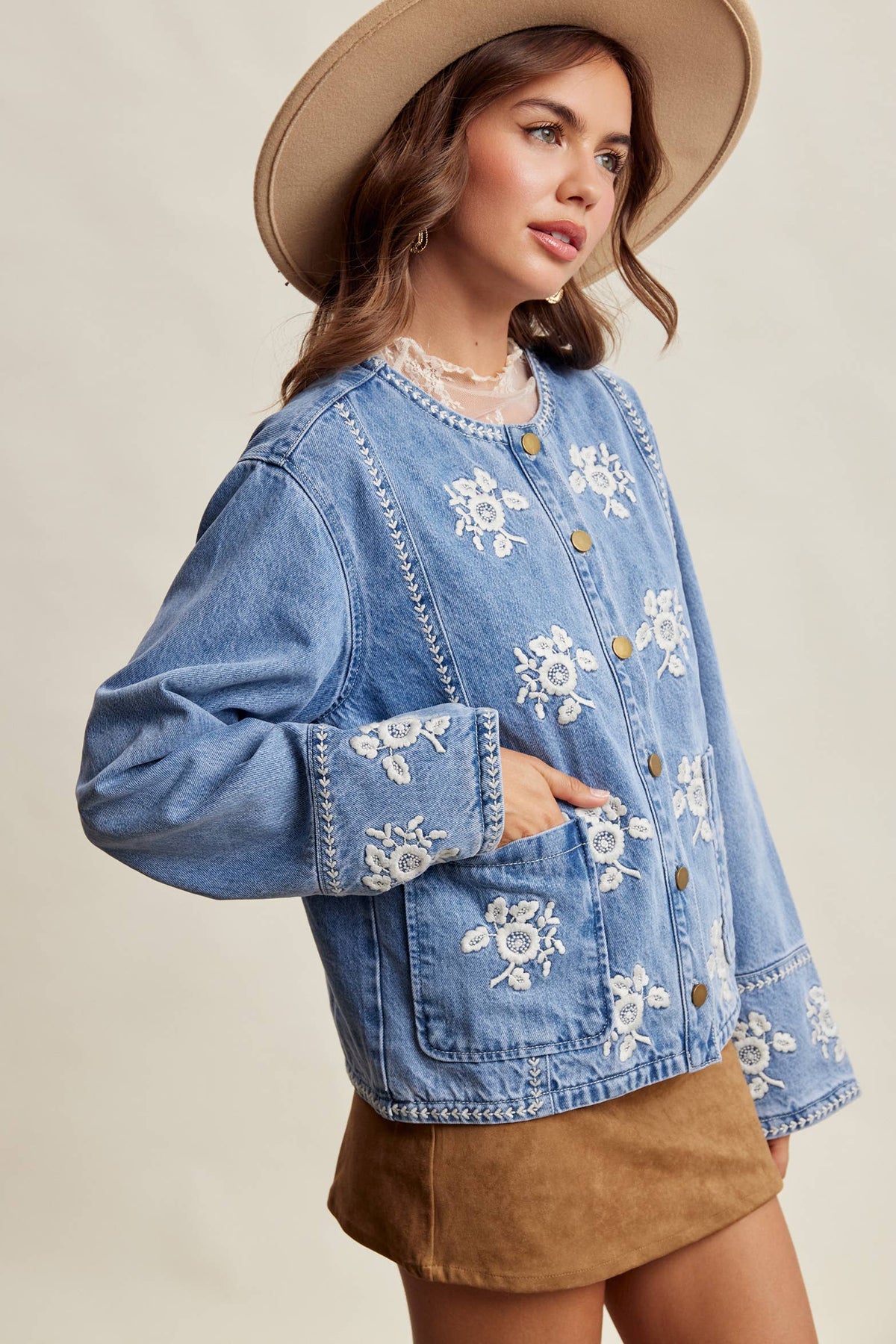 Embroidered Floral Lined Denim