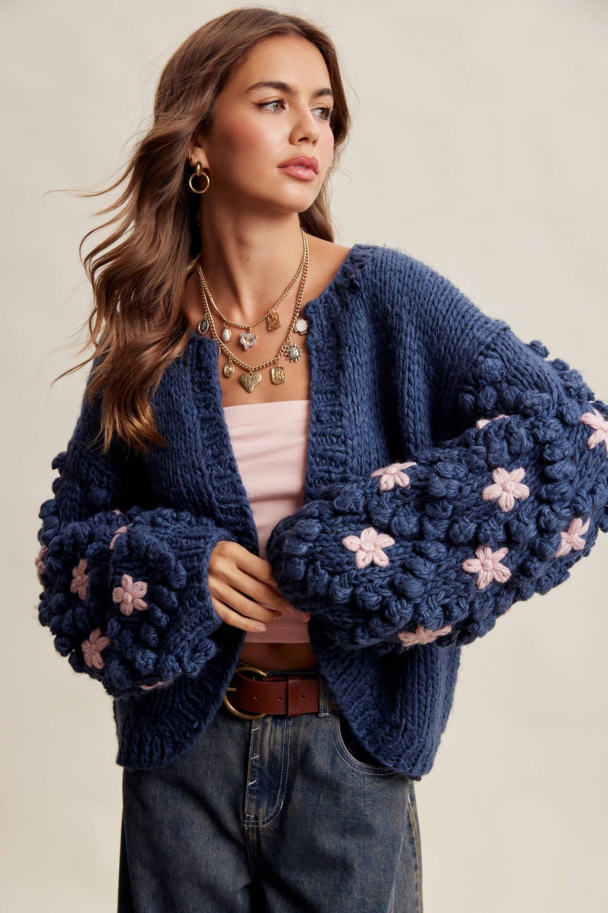 Hand Knit Floral Bobble Sleeve Cardigan