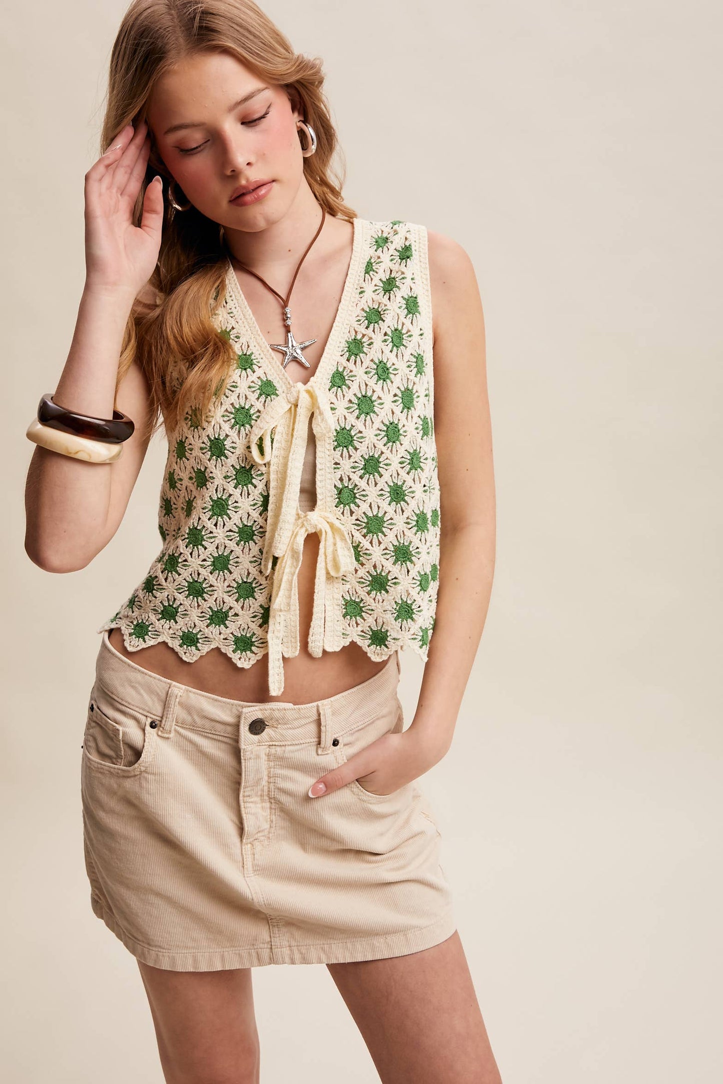 Crochet Daisy Tie-Front Vest