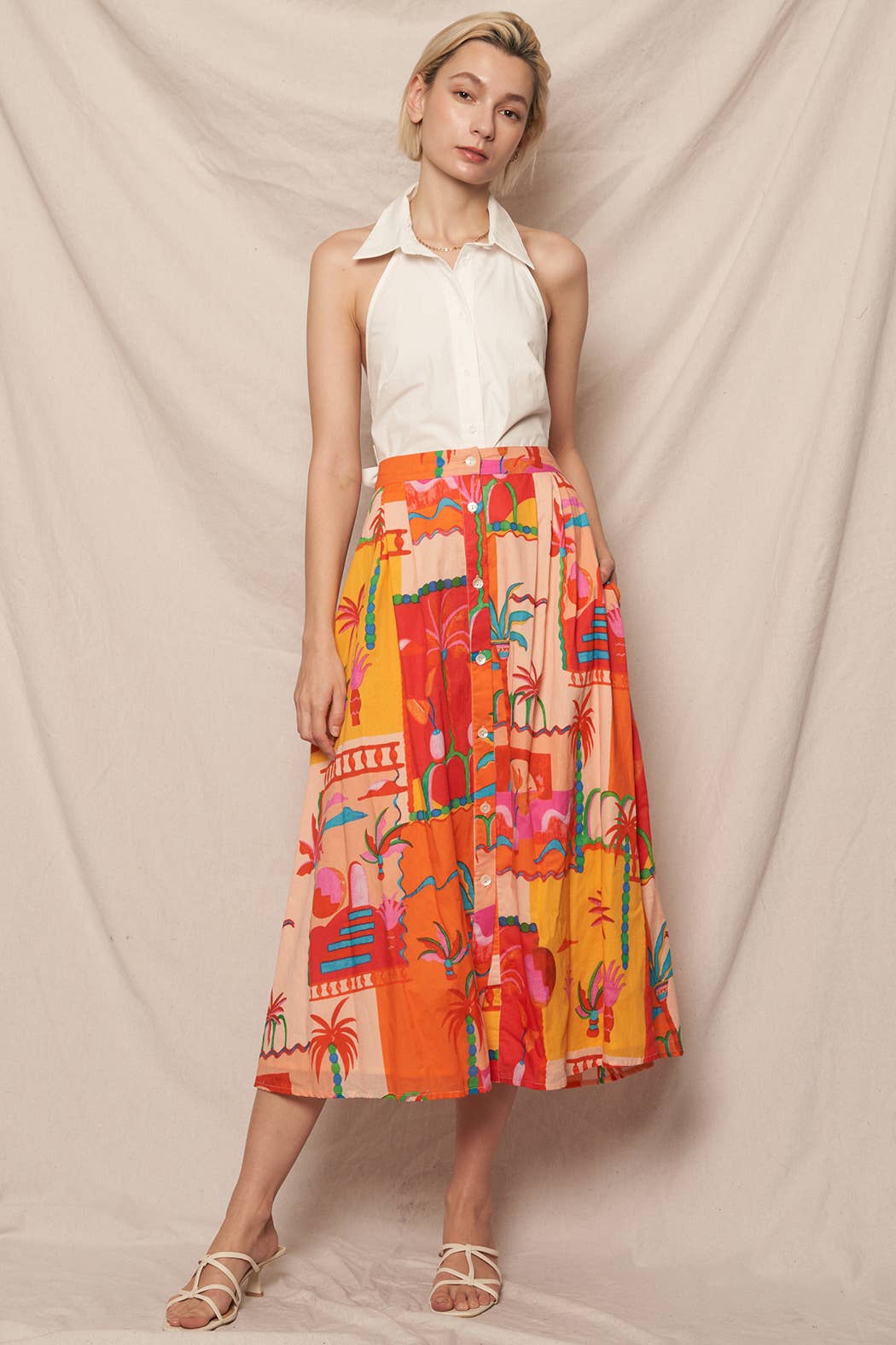 Fiesta Printed Button Down Midi Skirt