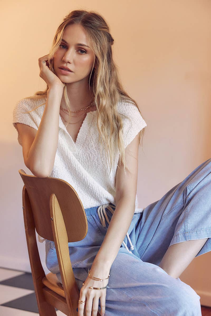 RELAXED FIT SLUB KNIT SWEATER TOP WITH SPLIT NECK