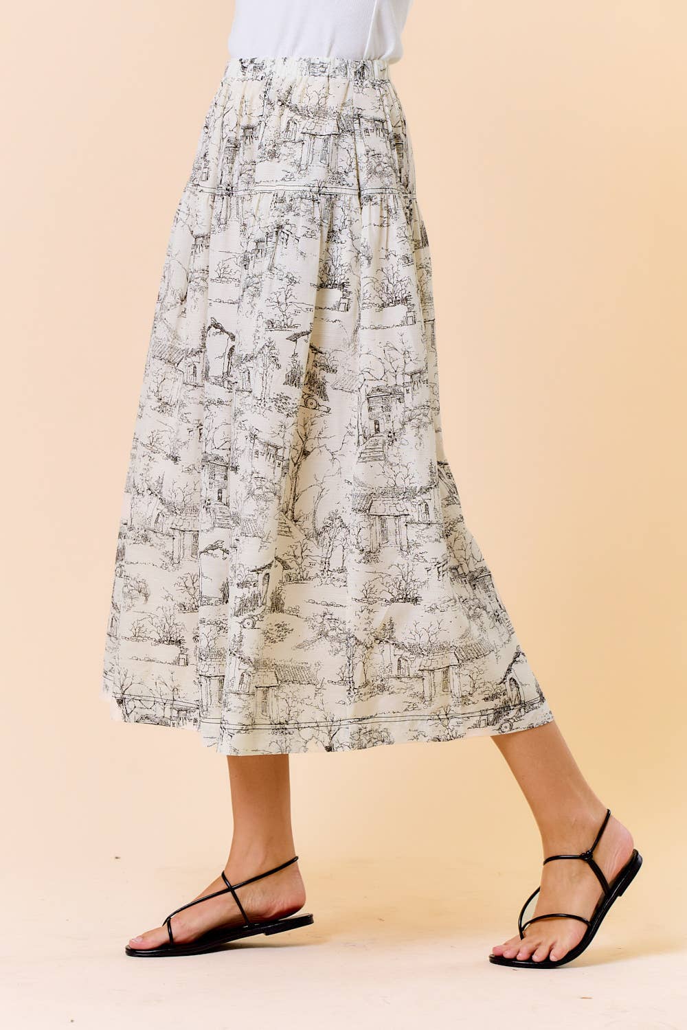 PRINTED COTTON BLEND ELASTIC WAIST MIDI SKIRT