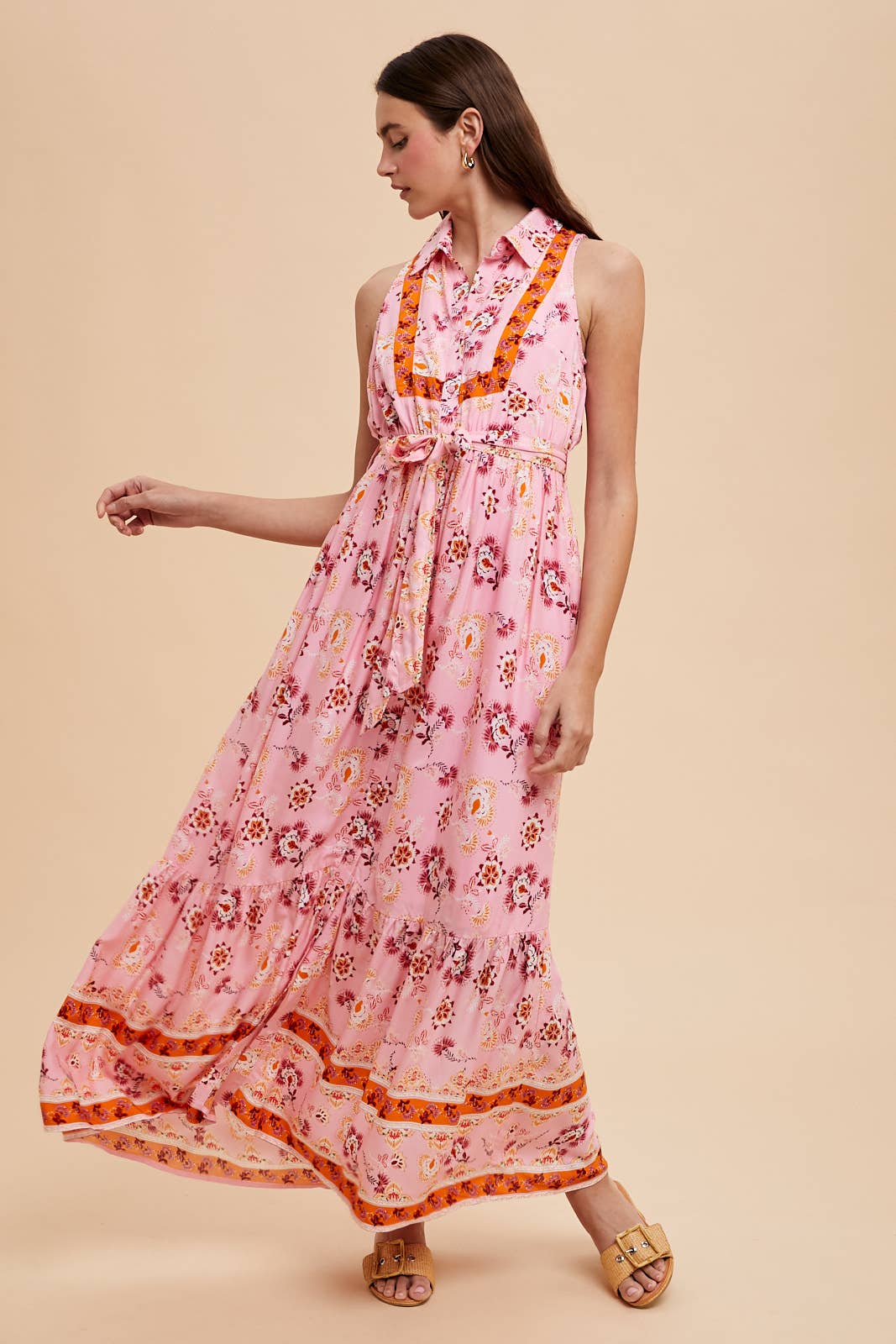 BORDER PRINT COLLARED BUTTON DOWN MAXI DRESS