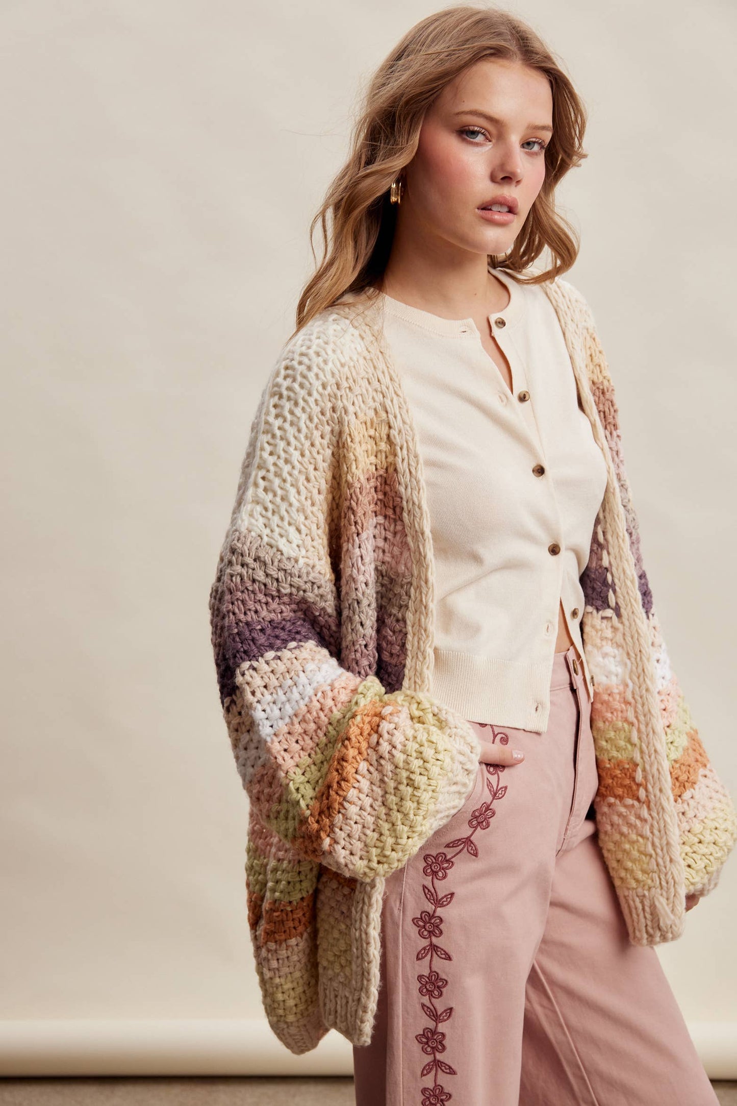 Rainbow Hand-Crochet Open Cardigan