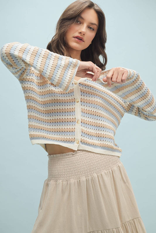 STRIPED CROCHET BUTTON-UP SWEATER TOP