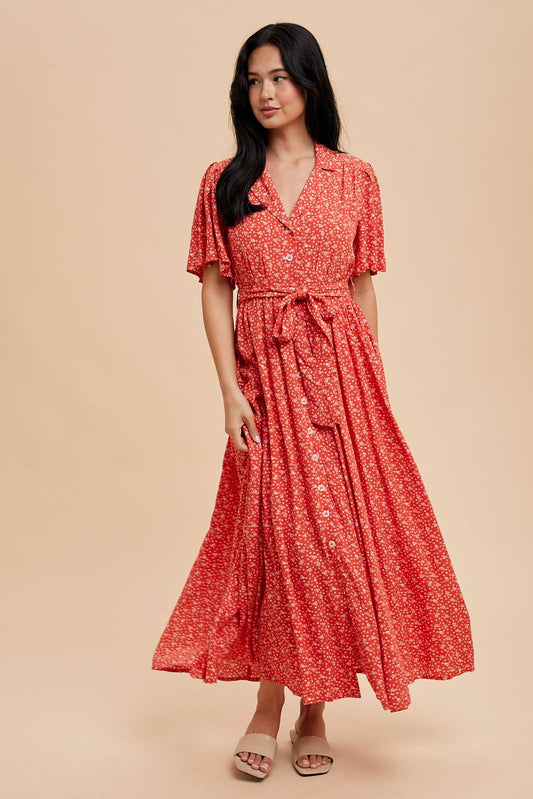 FLUTTER SLEEVE VISCOSE BUTTON DOWN DRESS