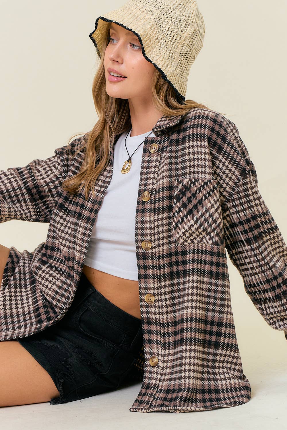 Plaid Front Button-Down Shacket W/ Patch Pocket