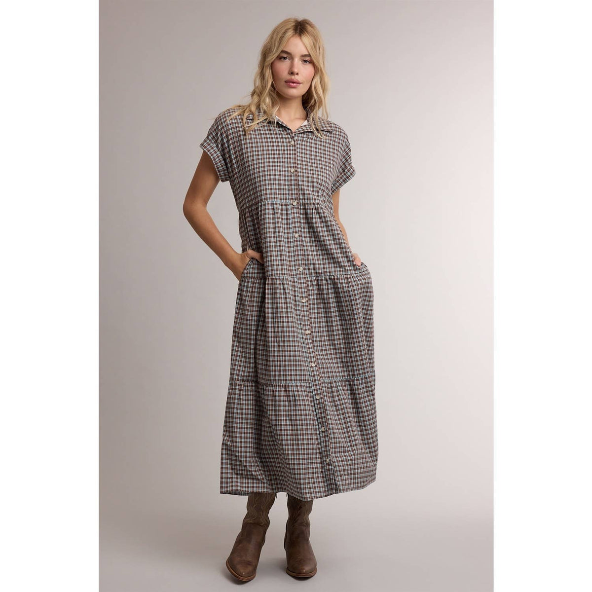 TIERED GINGHAM SHIRT MIDI DRESS WITH POCKETS